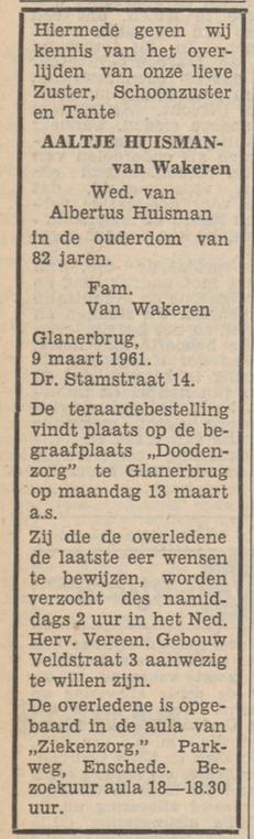 Dr. Stamstraat 14 Aaltje Huisman-van Wakeren overlijdensadvertentie Tubantia 10-3-1961.jpg