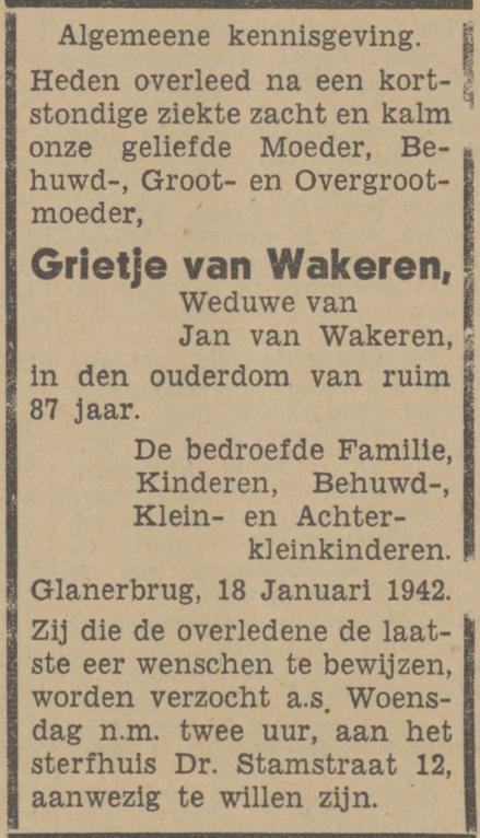 Dr. Stamstraat 12 Grietje van Wakeren overlijdensadvertentie Tubantia 19-1-1942.jpg