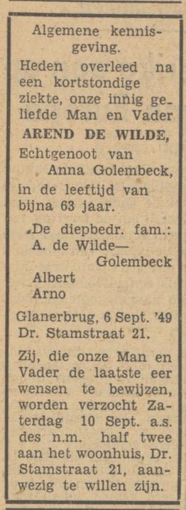 Dr. Stamstraat 21 Arend de Wilde overlijdensadvertentie Tubantia 7-9-1949.jpg