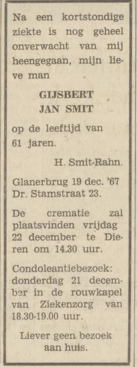 Dr. Stamstraat 23 G.J. Smit overlijdensadvertentie Tubantia 20-12-1967.jpg