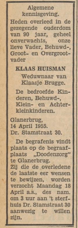Dr. Stamstraat 30 Klaas Huisman overlijdensadvertentie Tubantia 15-4-1957.jpg
