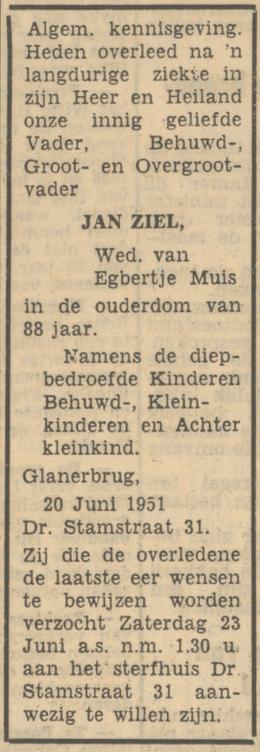 Dr. Stamstraat 31 Jan Ziel overlijdensadvertentie Tubantia 20-6-1951.jpg