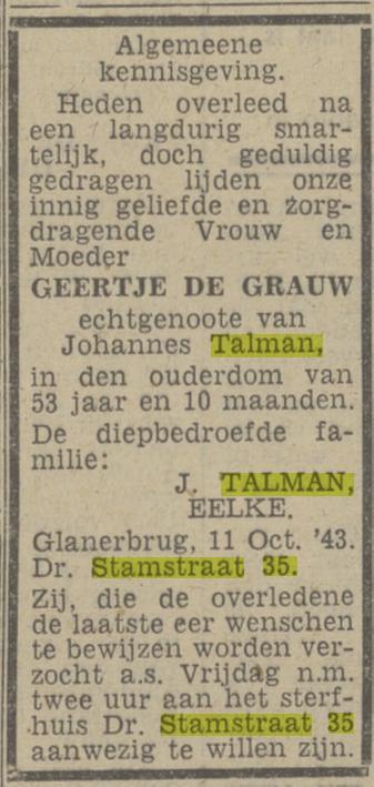 Dr. Stamstraat 35 Geertje Talman-de Grauw overlijdensadvertentie Twentsch nieuwsblad 12-10-1943.jpg
