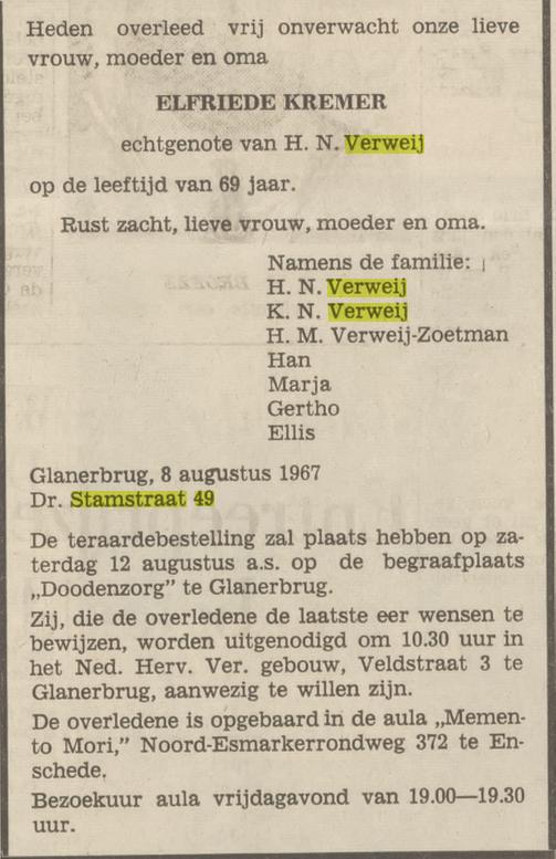 Dr. Stamstraat 49 E. Verweij-Kremer overlijdensadvertentie Tubantia 9-8-1967.jpg
