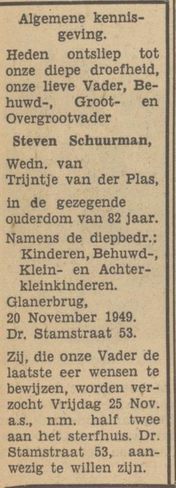 Dr. Stamstraat 49 Steven Schuurman overlijdensadvertentie Tubantia 21-11-1949.jpg