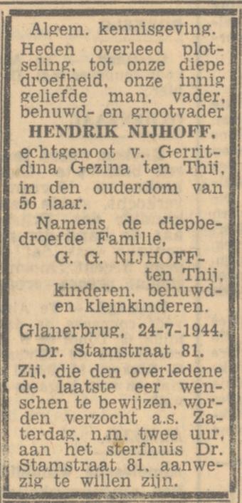 Dr. Stamstraat 81 Hendrik Nihoff overlijdensadvertentie Twentsch nieuwsblad 27-7-1944.jpg