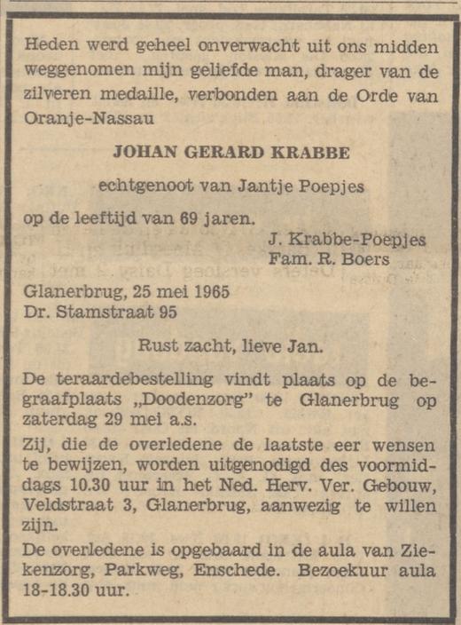 Dr. Stamstraat 95 J.G. Krabbe overlijdensadvertentie Tubantia 25-5-1965.jpg