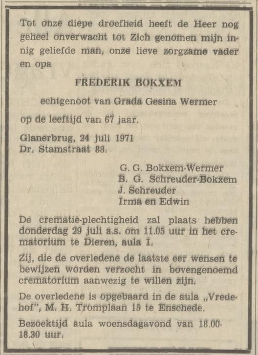 Dr. Stamstraat 88 Frederik Bokxem overlijdensadvertentie Tubantia 26-7-1971.jpg
