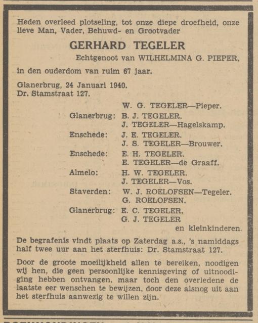 Dr. Stamstraat 127 Gerhard Tegeler overlijdensadvertentie Tubantia 25-1-1940.jpg