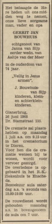 Dr. Stamstraat 235 G.J. Bouwhuis overlijdensadvertentie Tubantia 28-6-1968.jpg