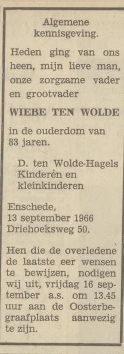 Driehoeksweg 50 Wiebe ten Wolde overlijdensadvertentie Tubantia 14-9-1966.jpg