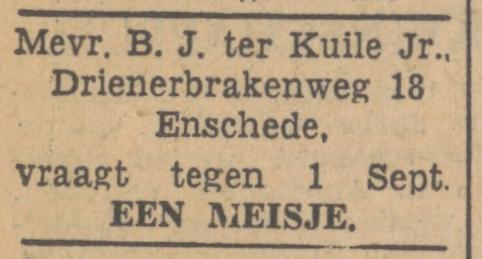 Drienerbrakenweg 18 Mevr. B.J. ter Kuile advertentie Tubantia 14-8-1947.jpg