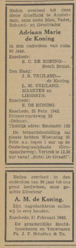 Drienermarkeweg 25 A.M. de Koning. directeur Textielfabriek Fa. J.F. Scholten & Zn. N.V. overlijdensadvertentie Tubantia 24-2-1942.jpg