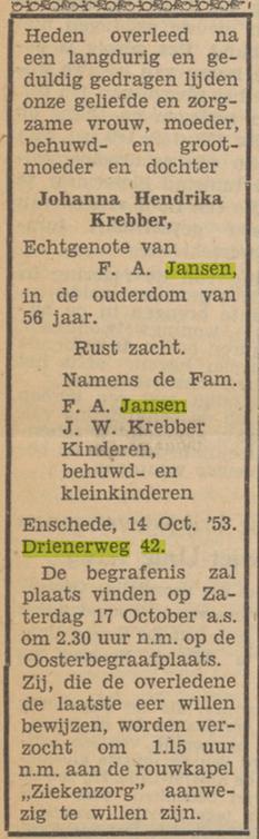 Drienerweg 42 J.H. Jansen-Krebber overlijdensadvertentie Tubantia 15-10-1953.jpg