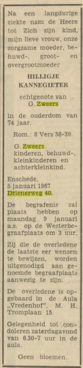 Drienerweg 40 H. Zweers-Kannegieter overlijdensadvertentie Tubantia 6-1-1967.jpg