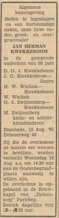 Drienerweg 48 J.H. Kwekkeboom overlijdensadvertentie Tubantia 14-8-1961.jpg