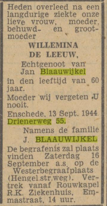 Drienerweg 55 W. Blaauwijkel-de Leeuw overlijdensadvertentie Tubantia 14-9-1944.jpg