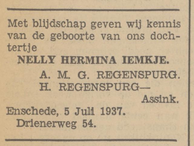 Drienerweg 54 A.M.G. Regenspurg advertentie Tubantia 5-7-1937.jpg