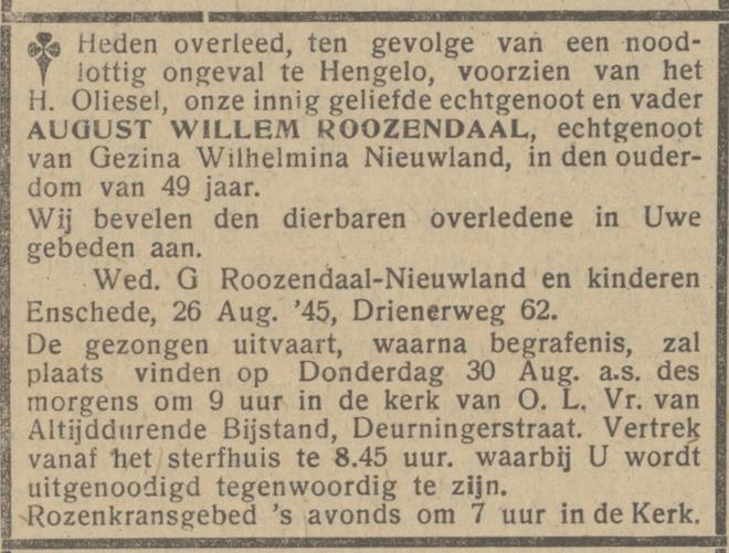 Drienerweg 62 A.W. Roozendaal overlijdensadvertentie Het Parool 29-8-1945.jpg