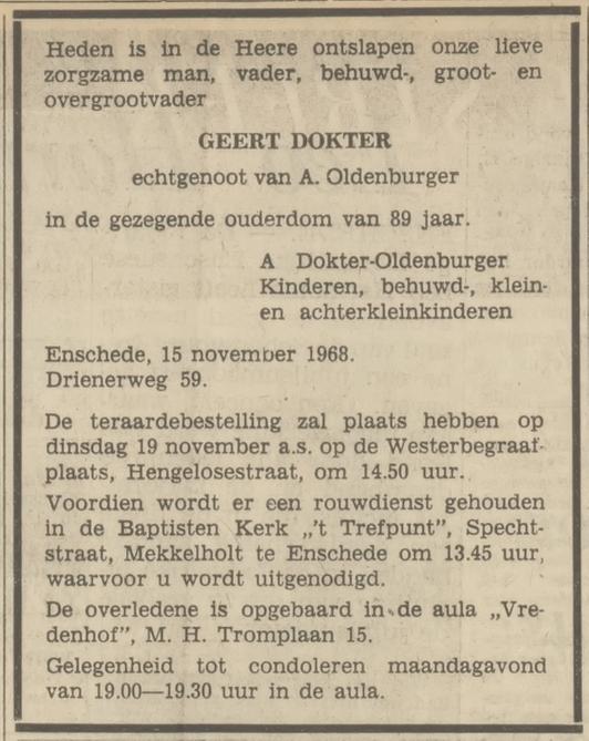 Drienerweg 59 Geert Dokter overlijdensadvertentie Tubantia 16-11-1968.jpg