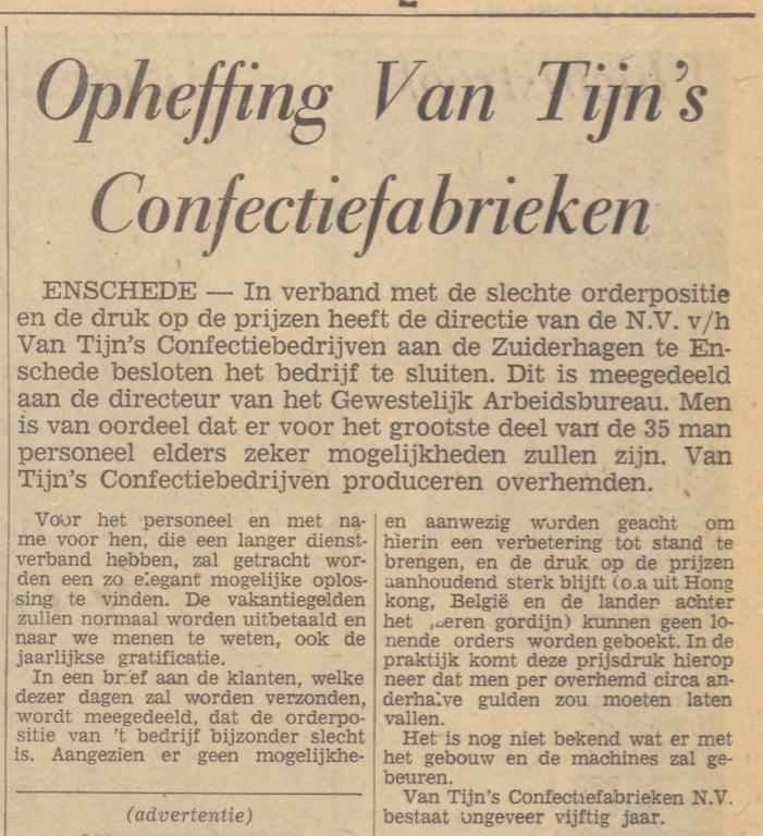 Zuiderhagen 45 opheffing N.V. v.h. Van Tijn´s Confectiebedrijven krantenbericht Tubantia 17-6-1945.jpg