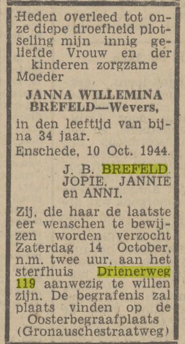 Drienerweg 119 J.W. Brefeld-Wevers overlijdensadvertentie Tubantia 13-10-1944.jpg