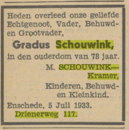 Drienerweg 117 Gradus Schouwink overlijdensadvertentie Tubantia 6-7-1933.jpg