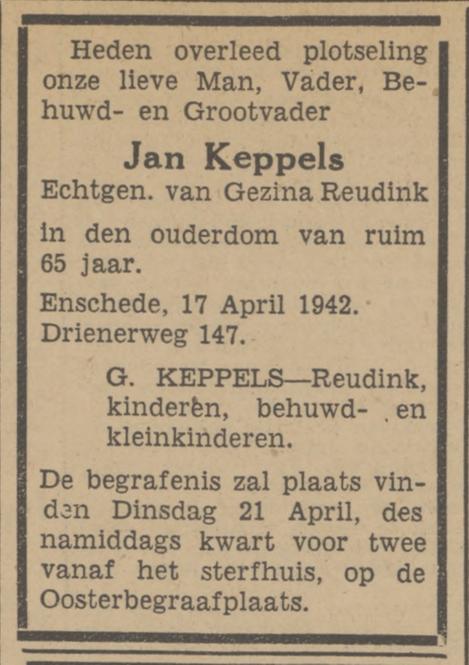 Drienerweg 147 Jan Keppels overlijdensadvertentie Tubantia 18-4-1942.jpg