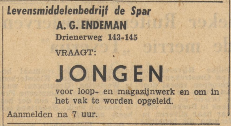 Drienerweg 143-145 levensmiddelenbedrijf De Spar A.G. Endeman advertentie Tubantia 22-1-1958.jpg