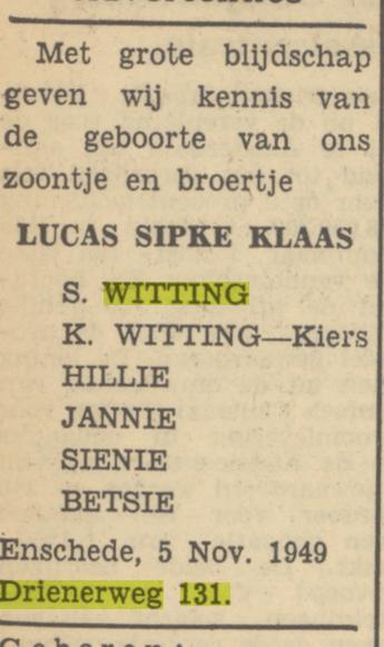 Drienerweg 131 S. Witting advertentie Tubantia 7-11-1949.jpg