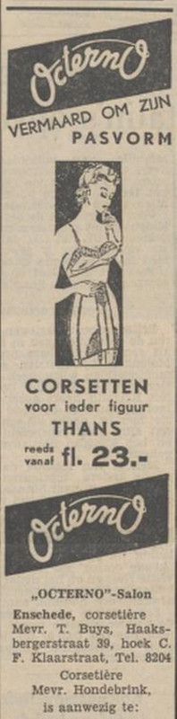 Haaksbergerstraat 39 hoek C.F. Klaarstraat Octerno corsetiere Mevr. T. Buys advertentie Tubantia 9-3-1953.jpg