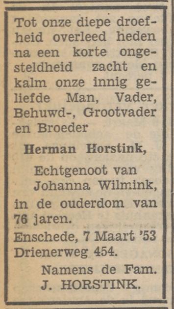 Drienerweg 454 Herman Horstink overlijdensadvertentie Tubantia 9-3-1953.jpg