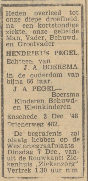 Drienerweg 482 Hendrikus Pegel overlijdensadvertentie Tubantia 4-12-1948.jpg