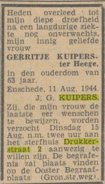 Drukkerstraat 2 Gerritje Kuipers-ter Heege overlijdensadvertentie Twentsch nieuwsblad 12-8-1944.jpg
