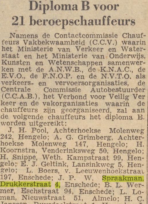 Drukkerstraat 4 J.P.W. Spraakman chauffeur krantenbericht Twentsche courant 30-5-1951.jpg