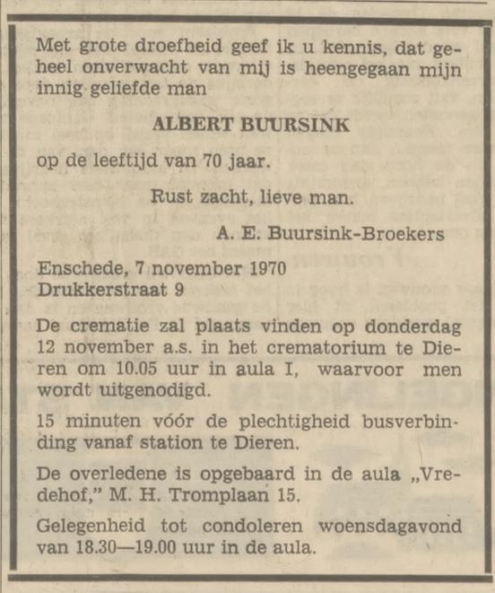 Drukkerstraat 9 Albert Buursink overlijdensadvertentie Tubantia 9-11-1970.jpg