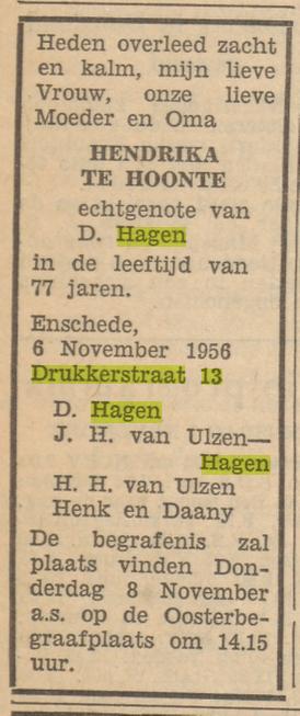 Drukkerstraat 13 H. Hagen-te Hoonte overlijdensadvertentie Tubantia 6-011-1956.jpg