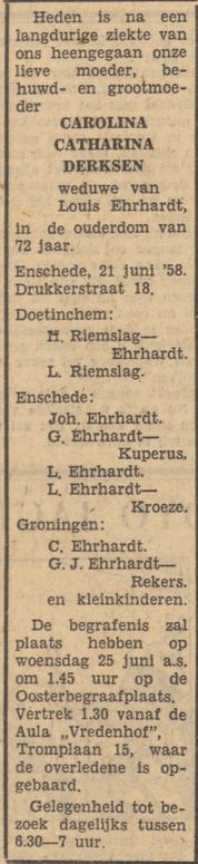 Drukkerstraat 18 C.C. Ehrhardt-Derksen overlijdensadvertentie Tubantie 23-6-1958.jpg