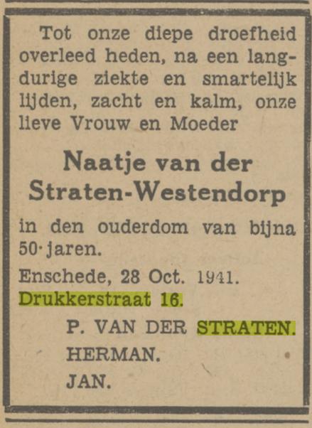 Drukkerstraat 16 Naatje van der Straten-Westendorp overlijdensadvertentie Tubantia 29-10-1941.jpg