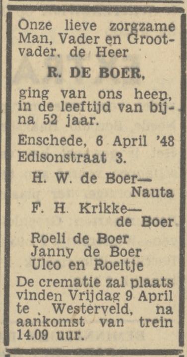 Edisonstraat 3 R. de Boer overlijdensadvertentie Tubantia 7-4-1948.jpg
