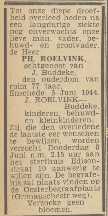 Edisonstraat 10 Ph. Roelvink overlijdensadvertentie Twentsch nieuwsblad 6-6-1944.jpg