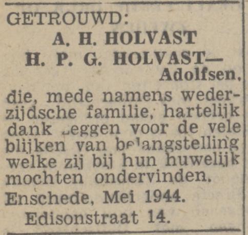 Edisonstraat 14 A.H. Holvast advertentie Twentsch nieuwsblad 10-5-1944.jpg