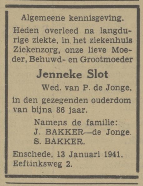Eeftinksweg 2 Jenneke de Jonge-Slot overlijdensadvertentie Tubantia 14-1-1941.jpg