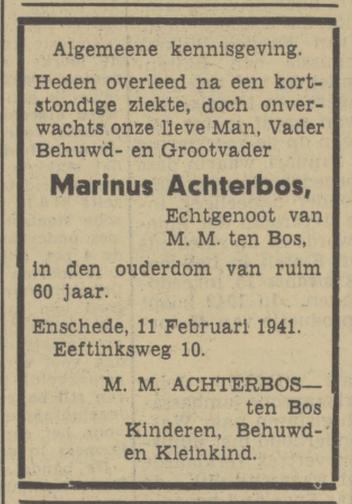 Eeftinksweg 10 Marinus Achterbos overlijdensadvertentie Tubantia 12-2-1941.jpg