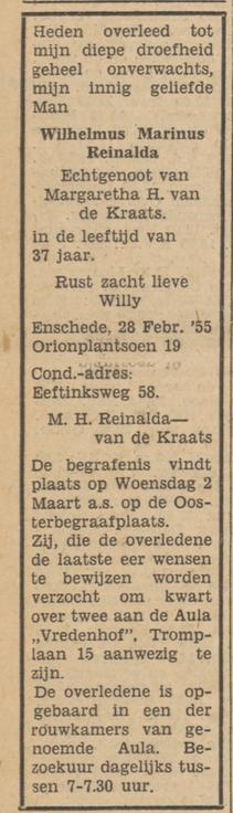 Eeftinksweg 58 WM. Reinalda overlijdensadvertentie Tubantia 1-3-1955.jpg