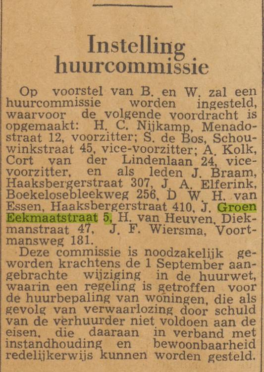 Eekmaatstraat 5 J. Groen krantenbericht Twentsche Courant 5-10-1955.jpg