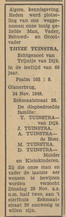 Eekmaatstraat 26 Tjitze Tuinstra overlijdensadvertentie Tubantia 25-11-1949.jpg