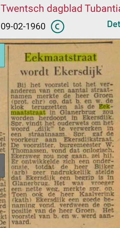 Eekmaatstraat wordt Ekersdijk krantenbericht 9-2-1960.jpg