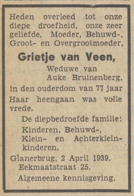 Eekmaatstraat 25 Grietje Bruinenberg-van Veen overlijdensadvertentie Tubantia 3-4-1939.jpg