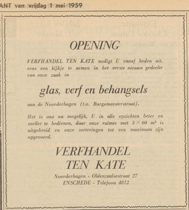 Noorderhagen 71 verfhandel Ten Kate opening advertentie Twentsche courant 1-5-1959.jpg